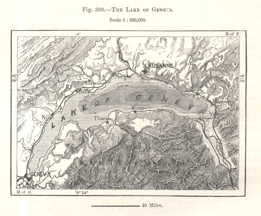 The Lake of Geneva. Switzerland. Sketch map 1885 old antique plan chart